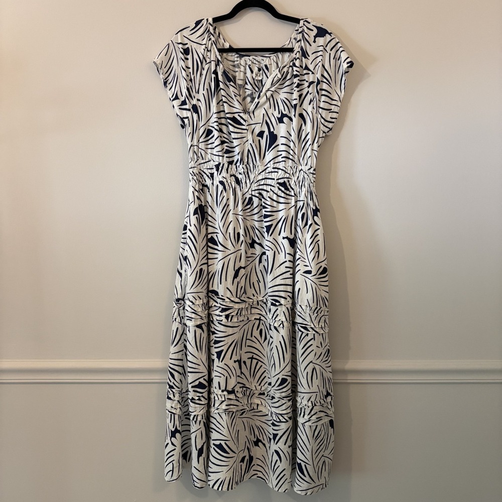 Nicole Miller Linen Blend Leaf Print Tiered Midi Dress Sz M Resort Boho Pockets